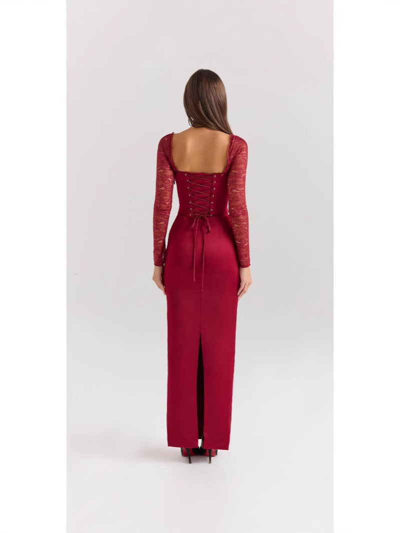 Burgundy Acetate Satin Long Dress