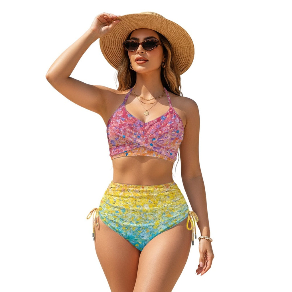 Women Sexy Animal Print High-Waist Drawstring Two-Piece Bikini Swimsuit