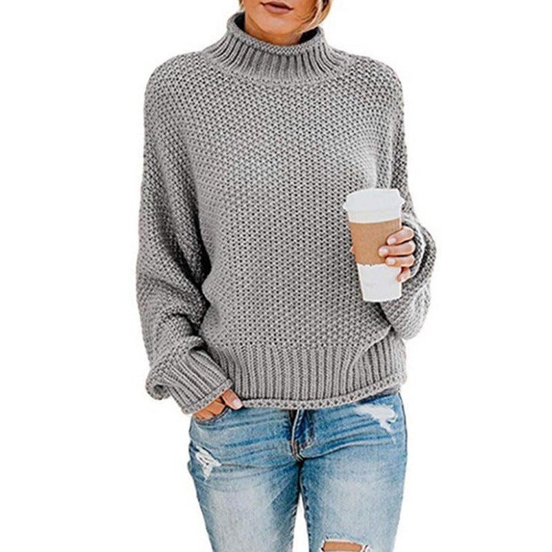 Womens Turtleneck Sweater Loose Fit Solid Color Oversized Knit Pullover