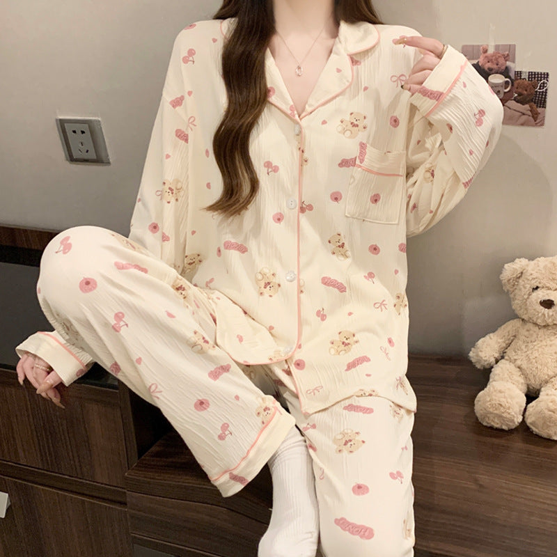 Womens Long Sleeve Pajama Set with Bow Design