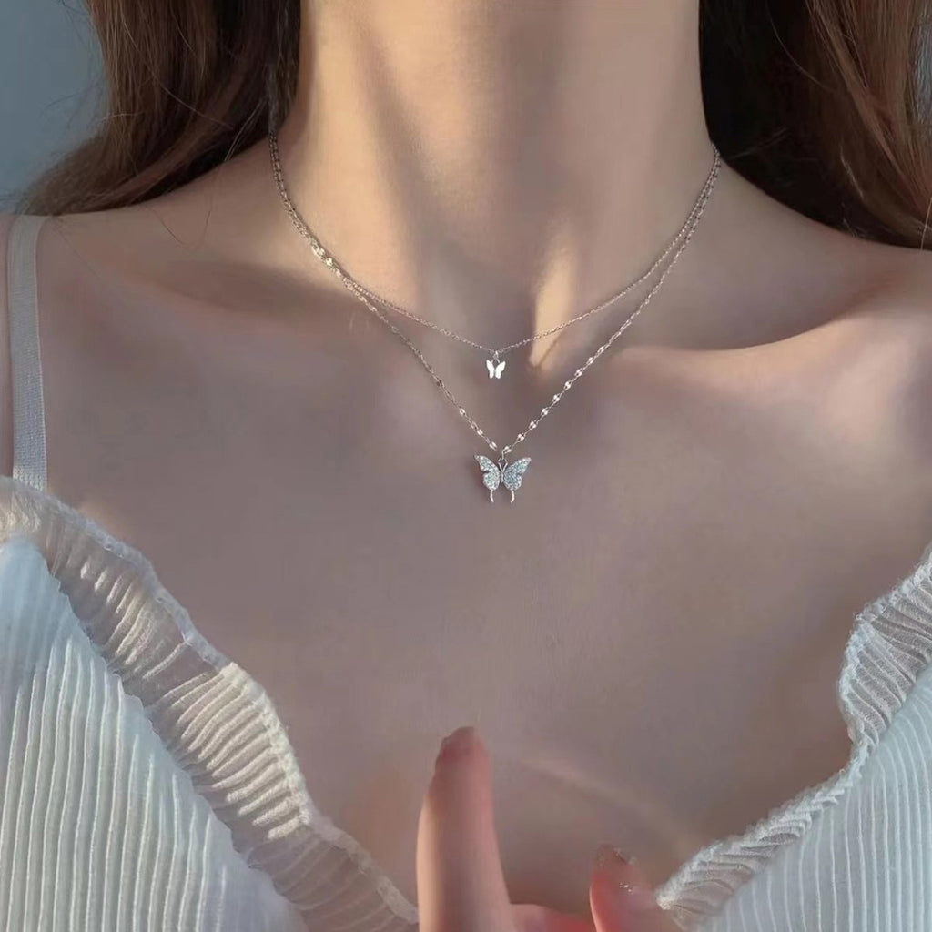 Double Layer Butterfly Pendant Titanium Steel Necklace
