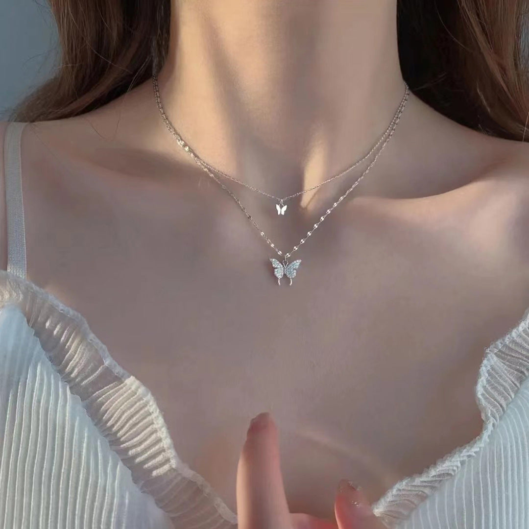 Double Layer Butterfly Pendant Titanium Steel Necklace