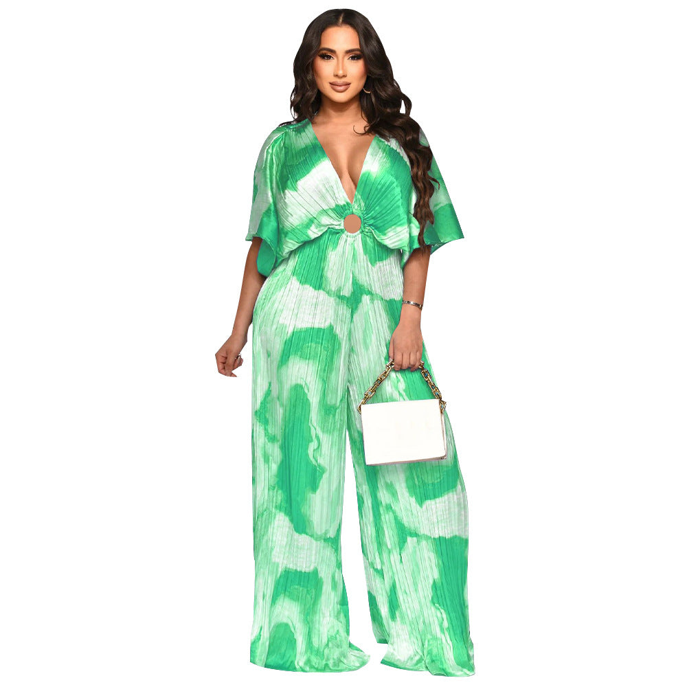 V-Neck Pleated Printed Casual Jumpsuit
