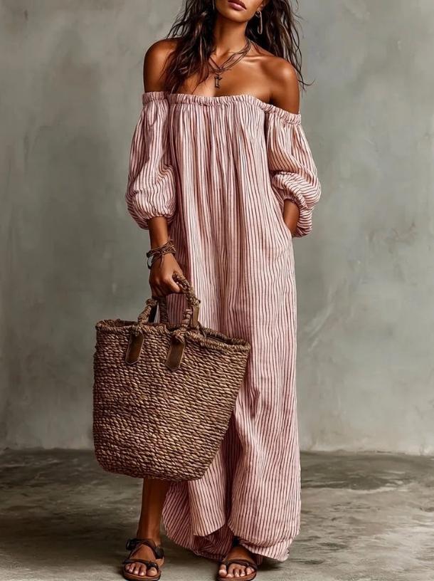 Elegant Casual Loose One-Line Neckline Striped Dress