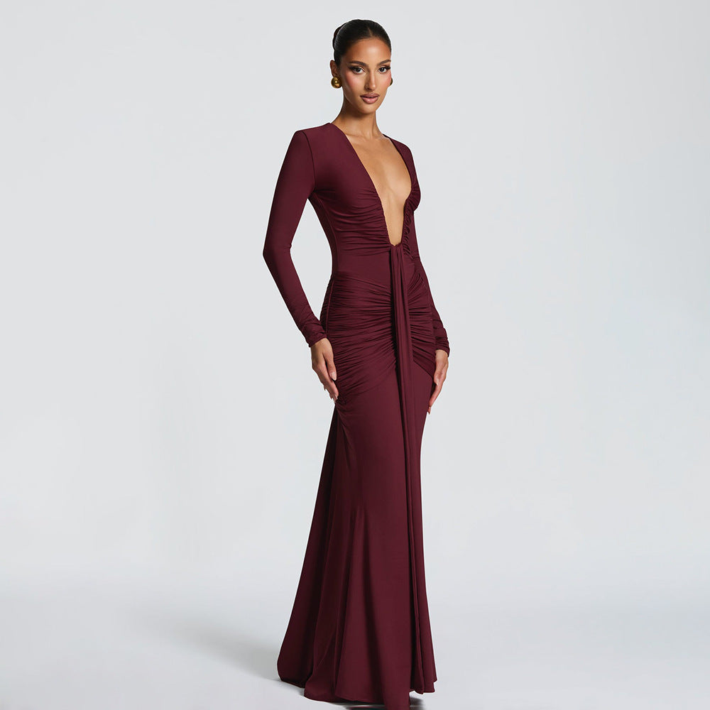 Elegant Women Deep V-Neck Waist-Cinching Mermaid Dress