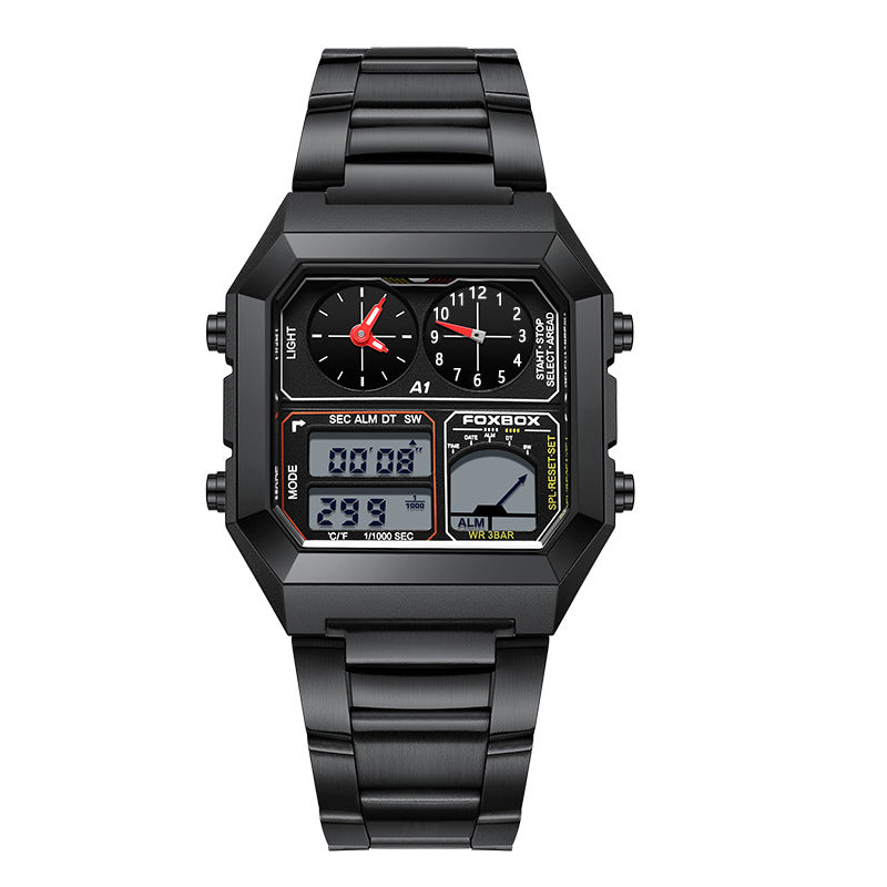 Foxbox Square Men Multifunction Digital Analog Stainless Steel Waterproof Watch