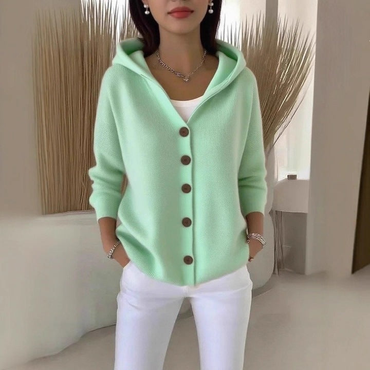 Women's Hooded Knitted Cardigan Solid Color Casual Fashion Sweater Jacket
