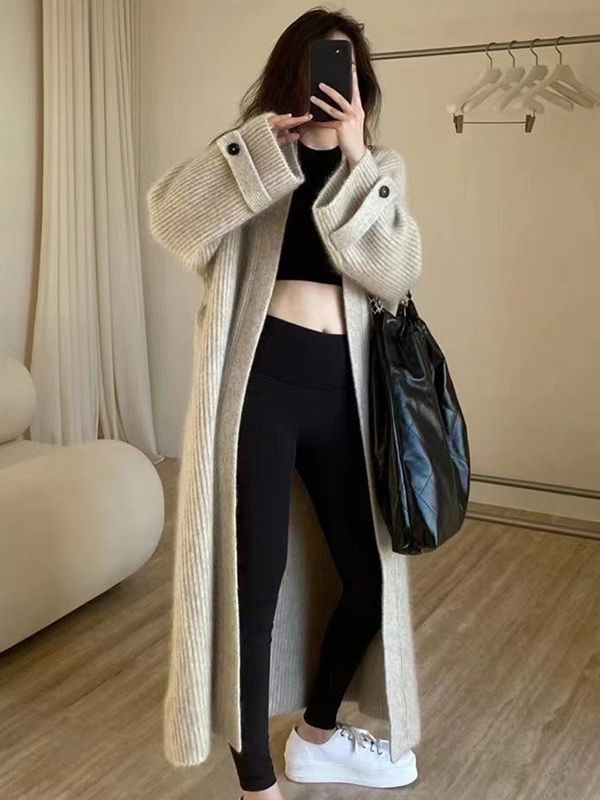 Womens Long Knitted Cardigan with V-Neck