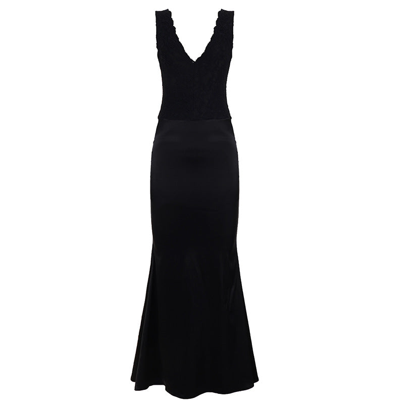 Deep V-Neck Lace Satin Party Dress