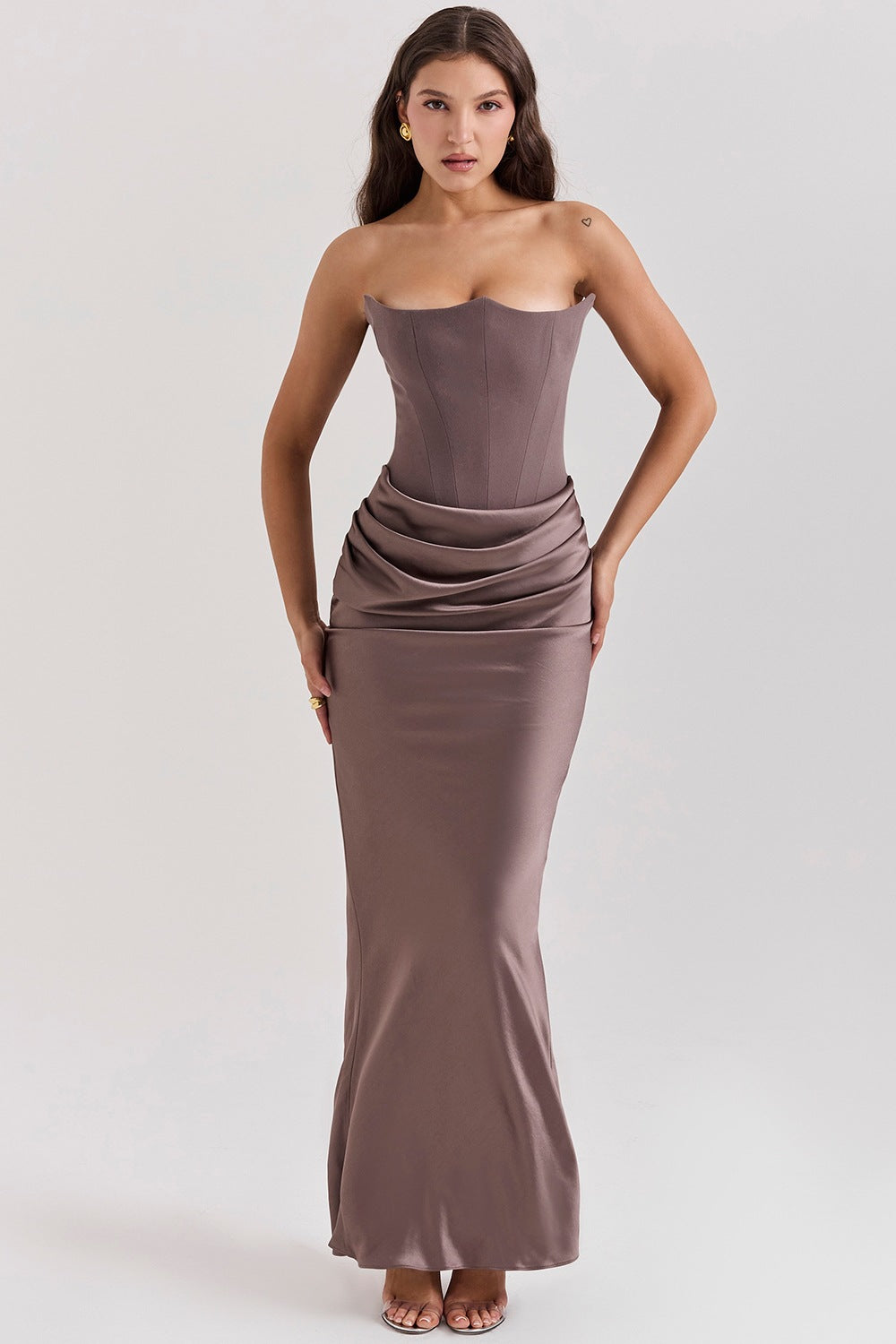 Women's Satin Off-Shoulder Pleated Long Bodycon Dress