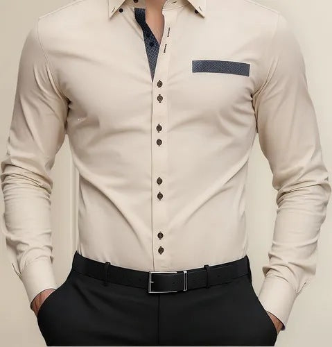 Digital Print Long-Sleeve Men's Slim-Fit Casual Shirt