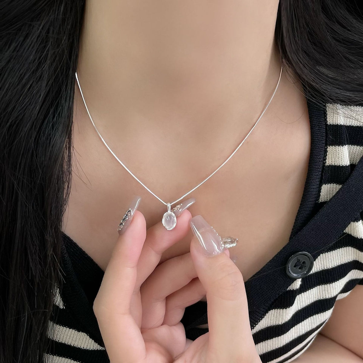 Oval White Agate Sterling Silver Necklace