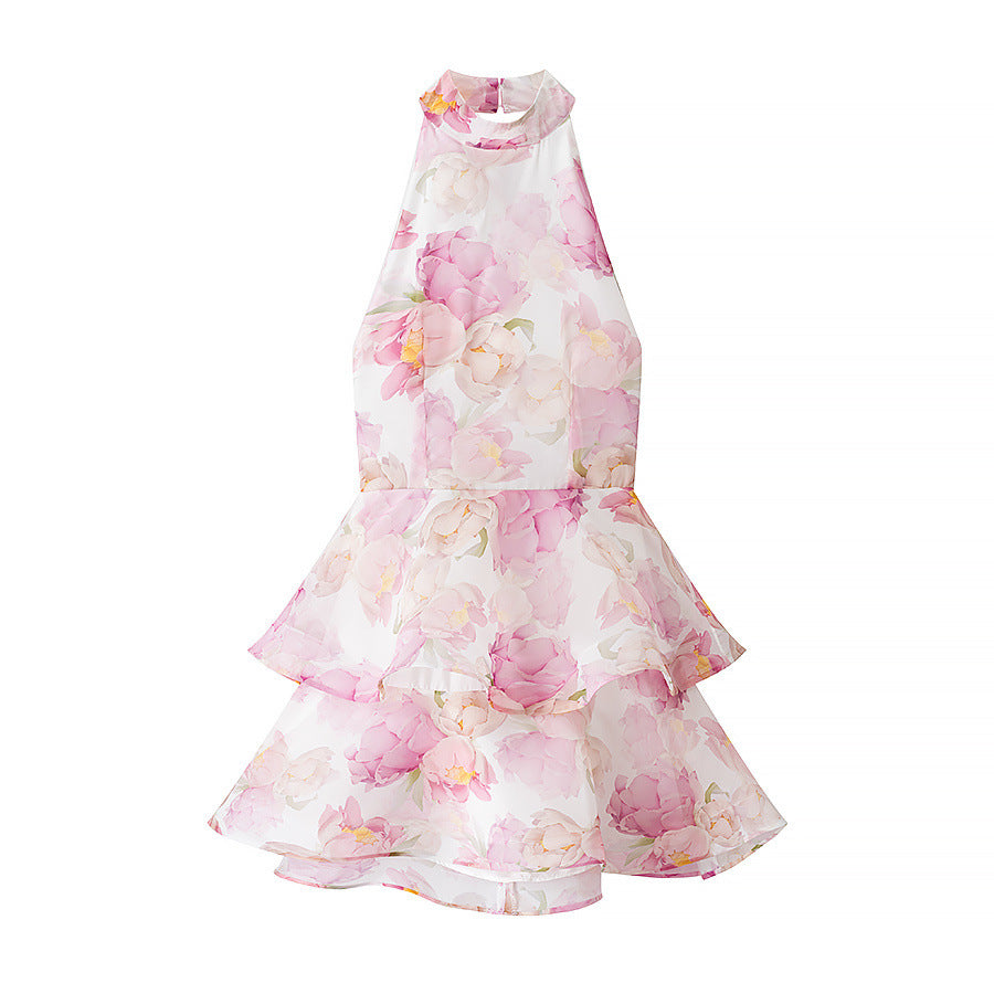 Floral Print Backless Halterneck Dress
