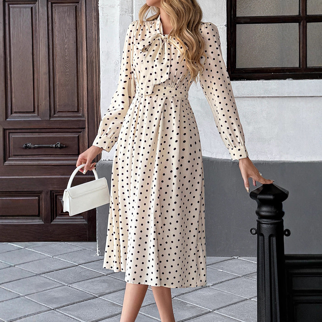 Retro Bow Collar Polka Dot Mid-Length Dress