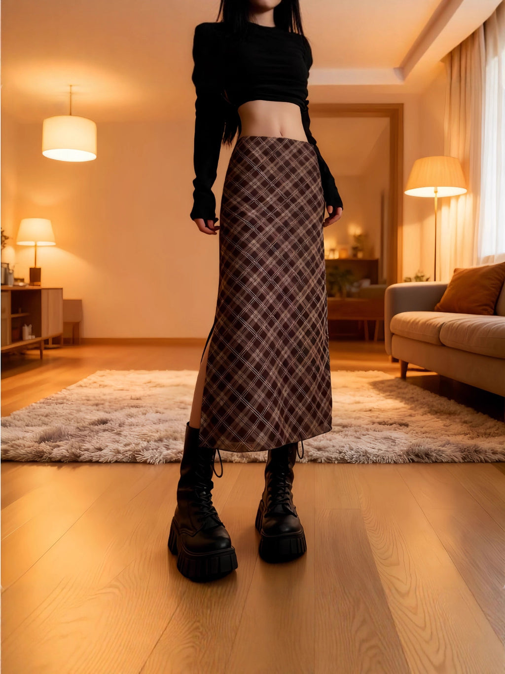 Uena American Retro Lace Bow Plaid Mesh Slit Skirt for Women