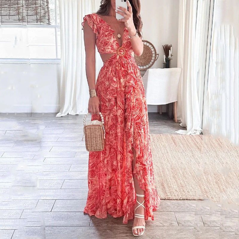 Floral Print V-Neck Ruffled Dress