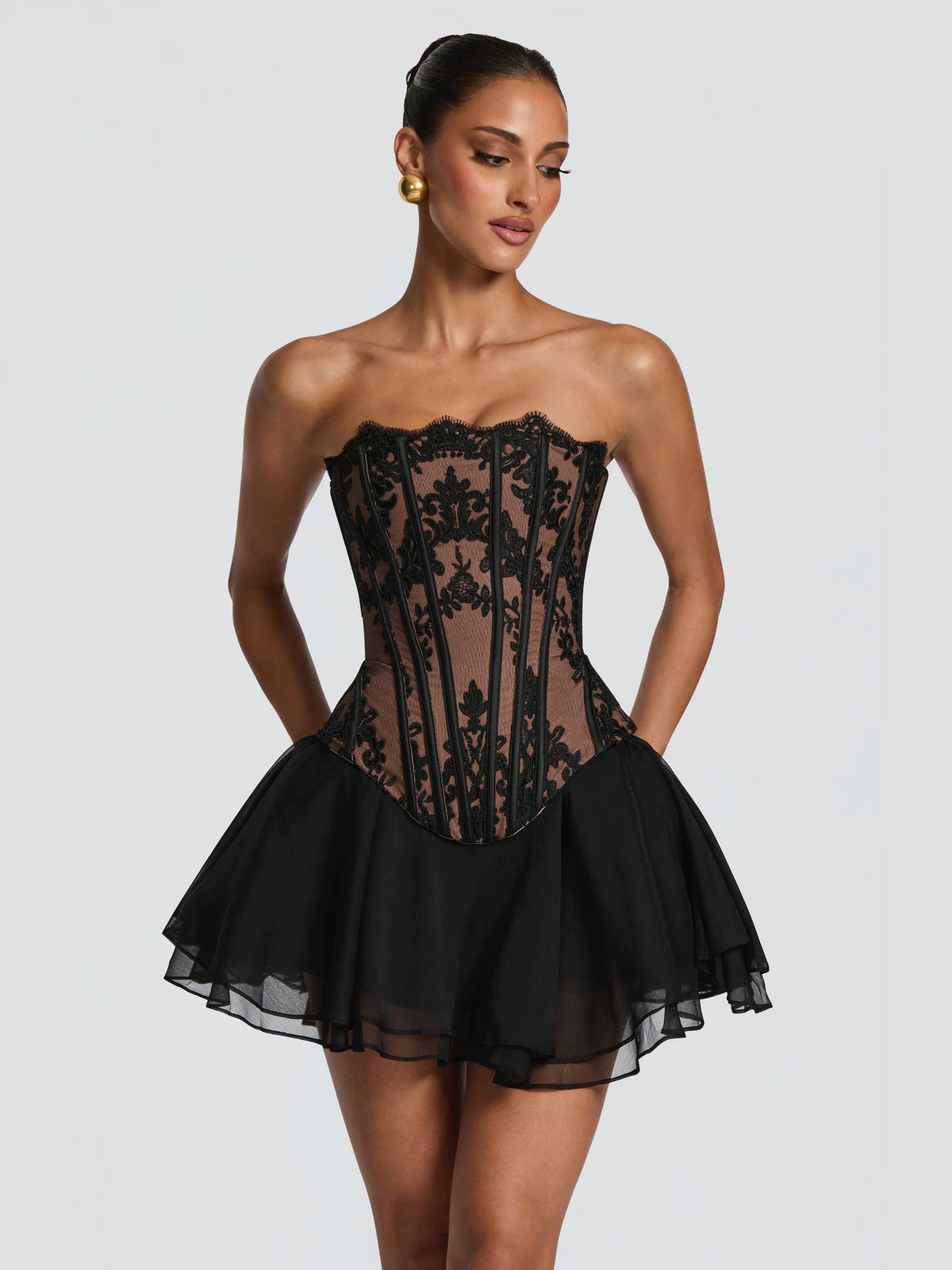 Strapless Lace Corset Two Piece Dress Set