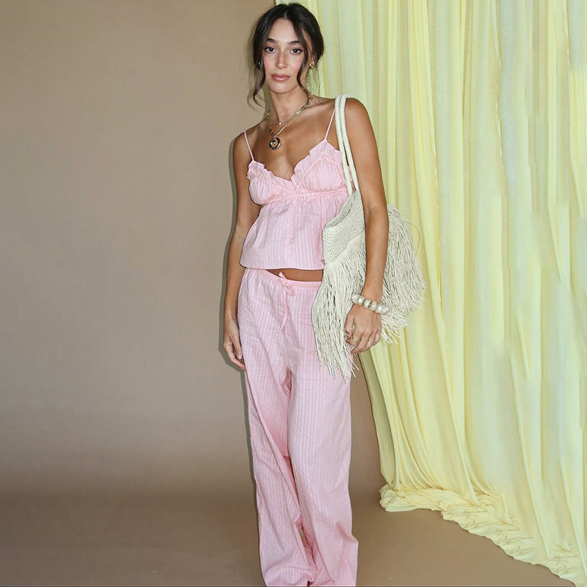 Summer New European and American Style Pure Cotton Pajama Set, Jacquard Camisole and Long Pants Two-Piece Set, Exclusively for Women's Loungewear, Available for Cross-Border Sales