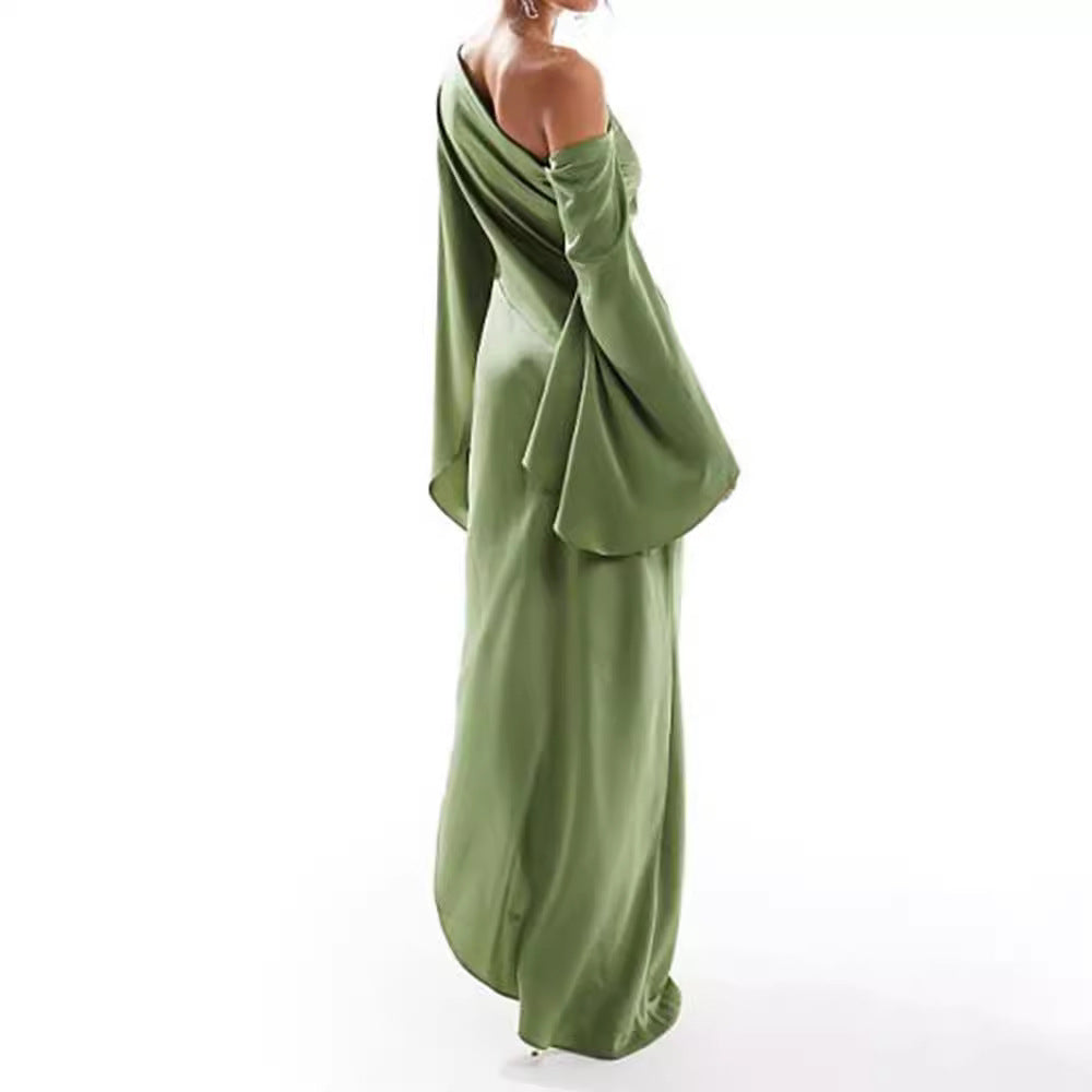 Women's Satin Women's Maxi Dress ? Green Asymmetrical Hem Satin Maxi Dress