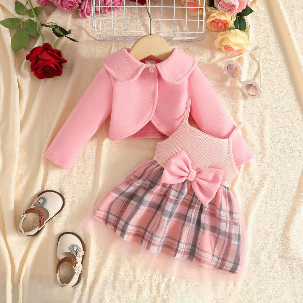 Baby Woolen Lapel Coat and Mesh Dress Set