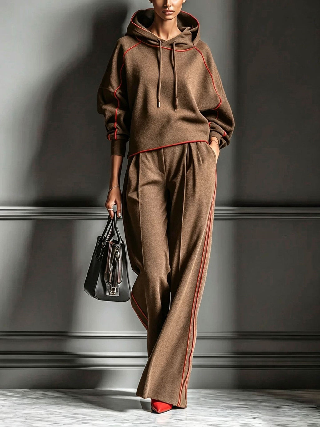 Women's Casual Color Block Hooded Sweatshirt and Pants Two-Piece Set
