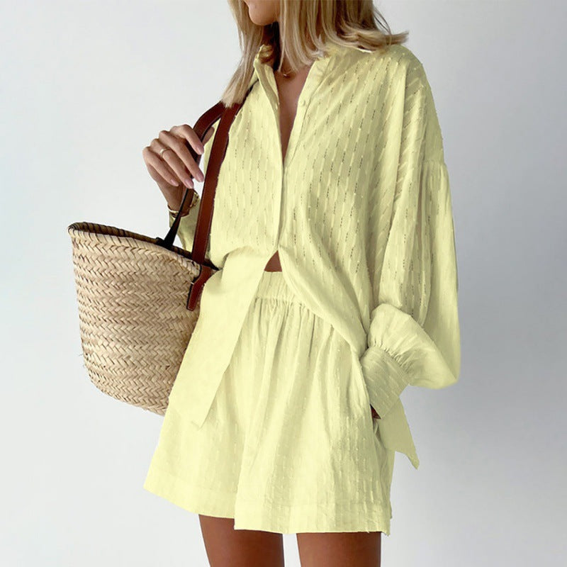Women's Jacquard Puff Sleeve Shirt and Shorts Two-Piece Set