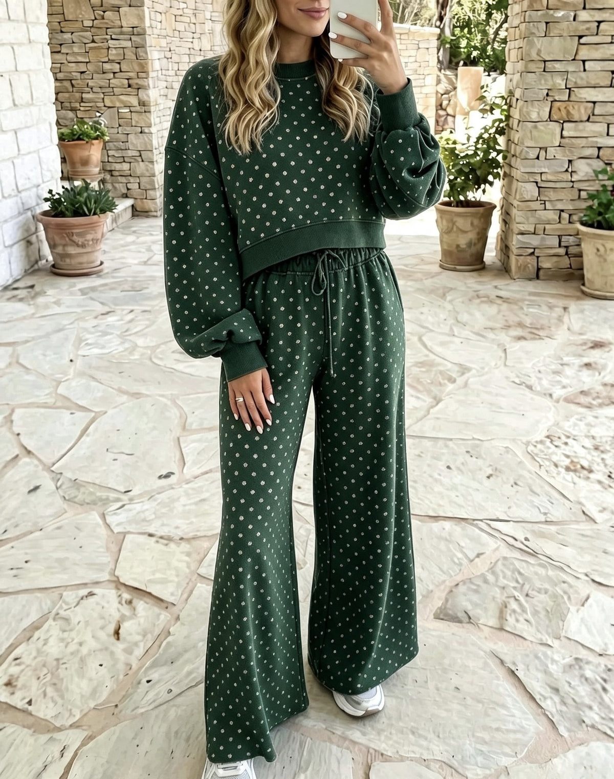 Women's High-Waisted Polka Dot Print Knit Sweatshirt and Wide Leg Pants Set