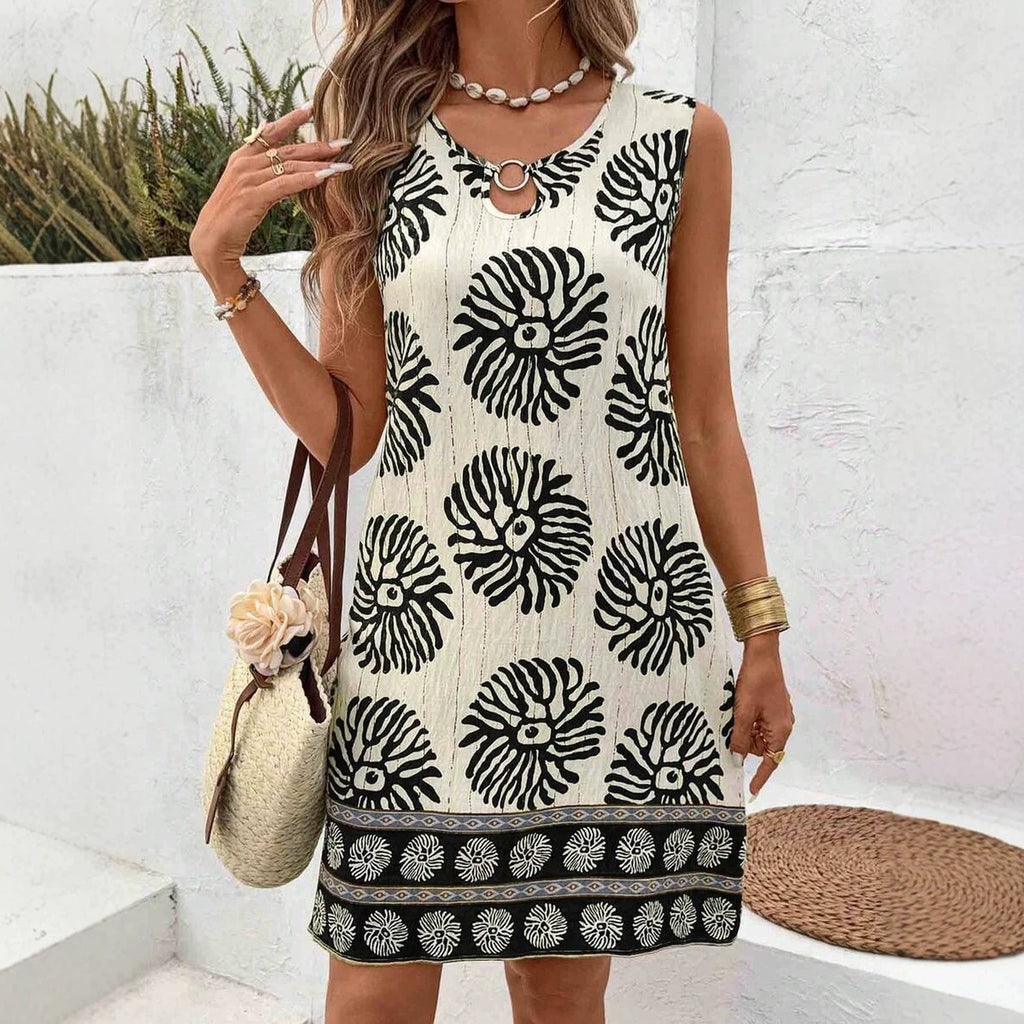 Hawaiian Floral Print V-Neck Sleeveless Mid-Length Dress
