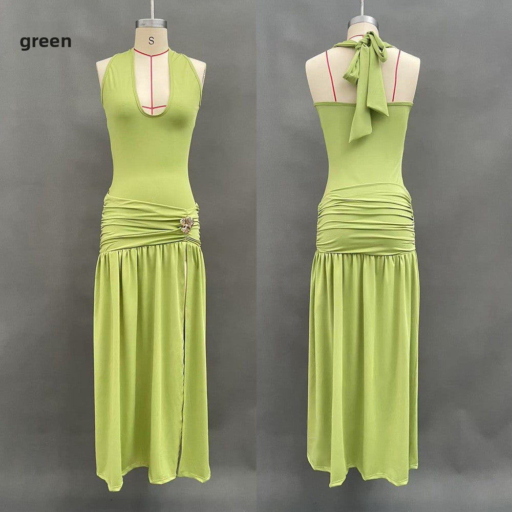 Slim Fit Solid Color Long Split Dress