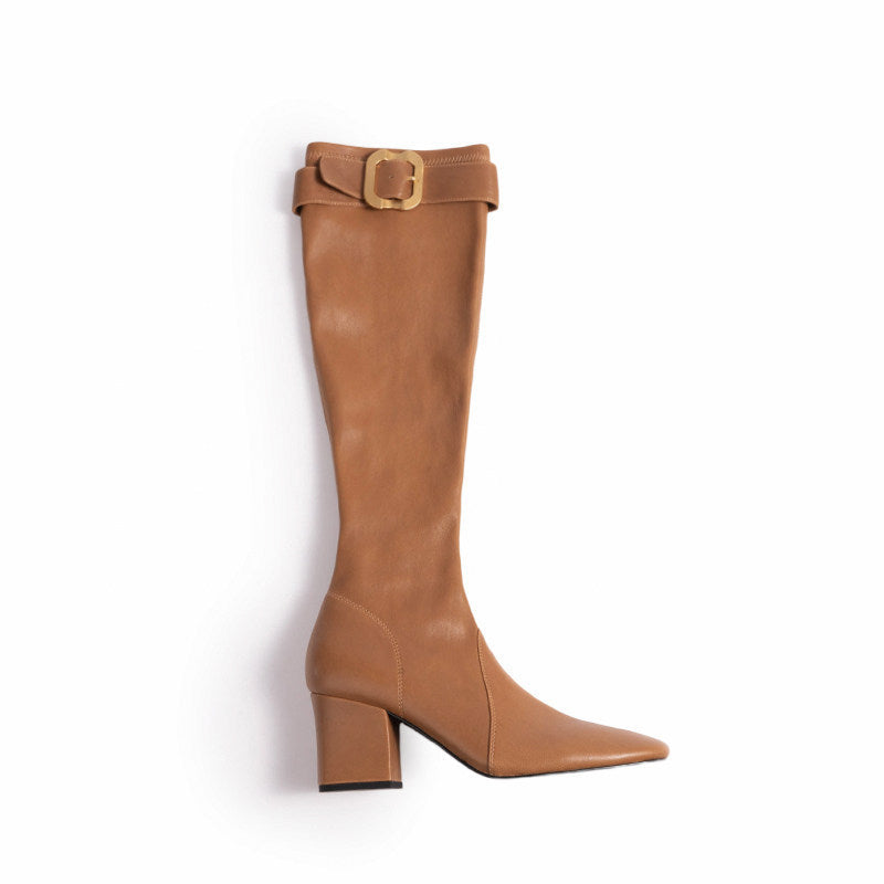 Women's Chunky Heel Knight Boots with Gold Buckle