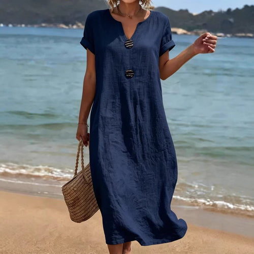 A casual solid-color cotton and linen dress for ladies