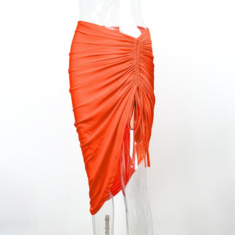 Sexy, body-hugging, asymmetrical skirt; trendy drawstring midi skirt