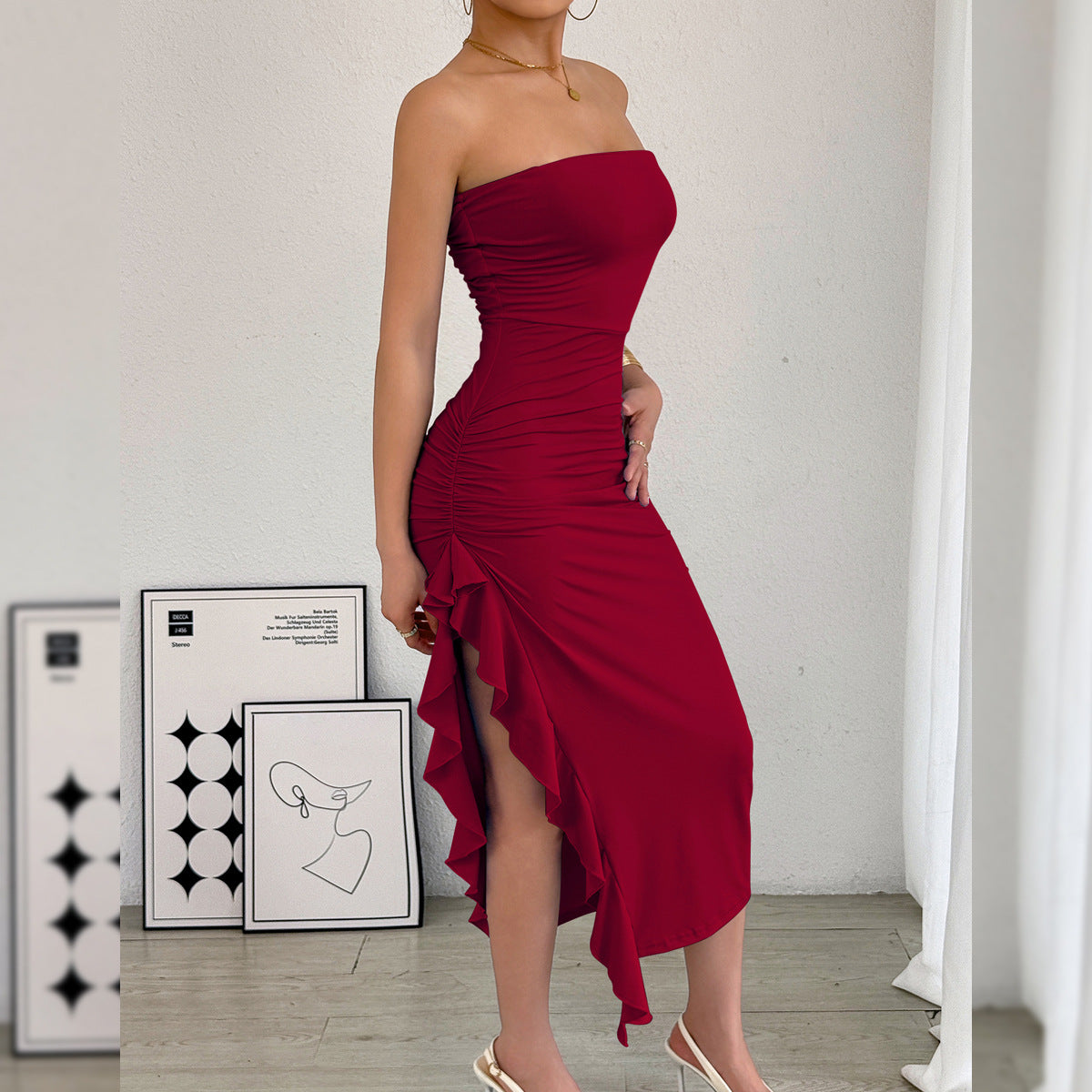 Women's Slim Fit Tube Top Bodycon Dress Slit Wrap Chest Solid Color