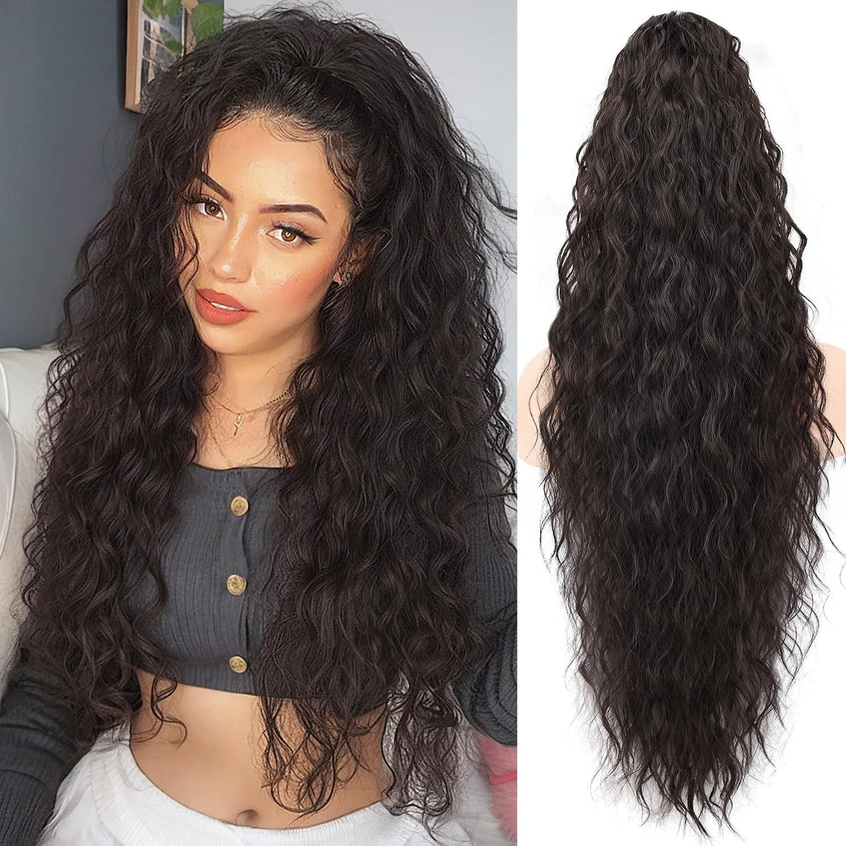 Synthetic Hair Ponytail with Water Wave Texture