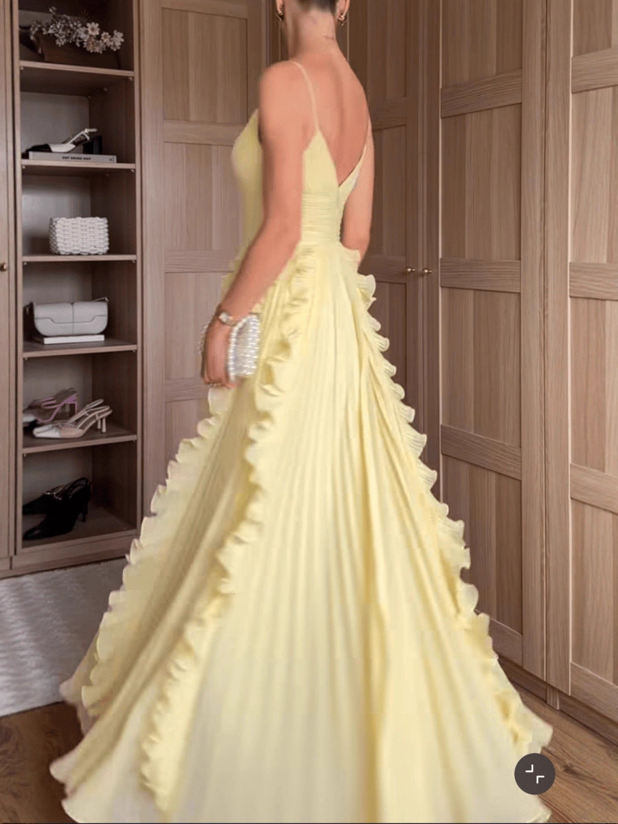 V-Neck Sleeveless Waist-Cinching Ruffled Flared Dress