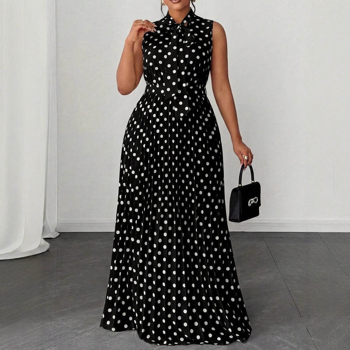 Polka Dot Sleeveless Tie-Up Mid-Length Dress