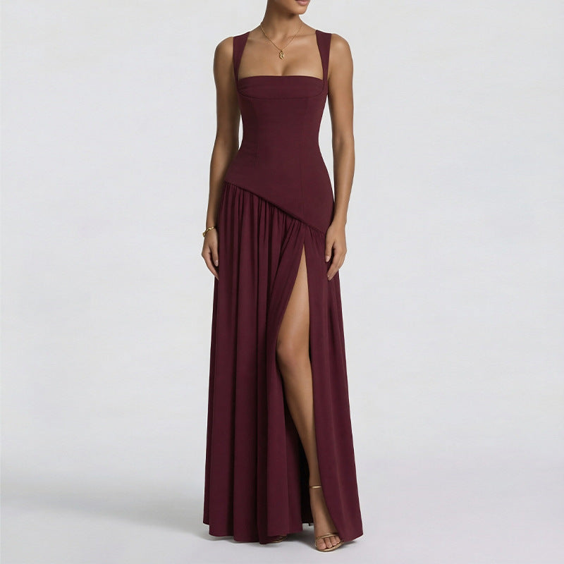 Elegant Slim Fit Solid Color Waist Cinching Slit Dress