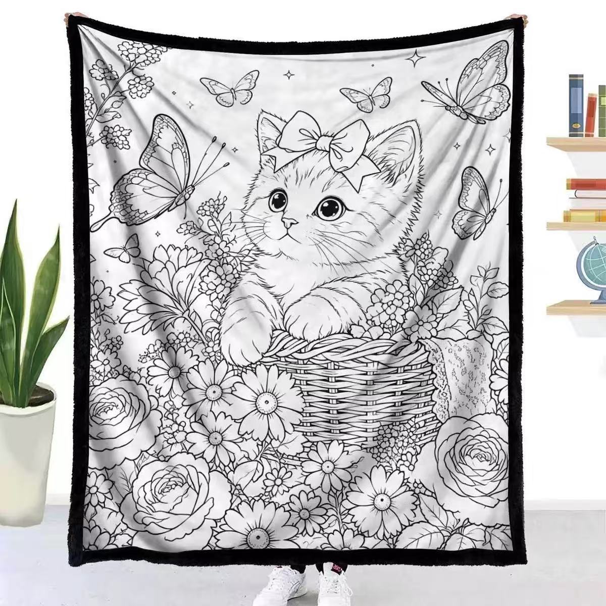 Black and white line-drawn graffiti rug