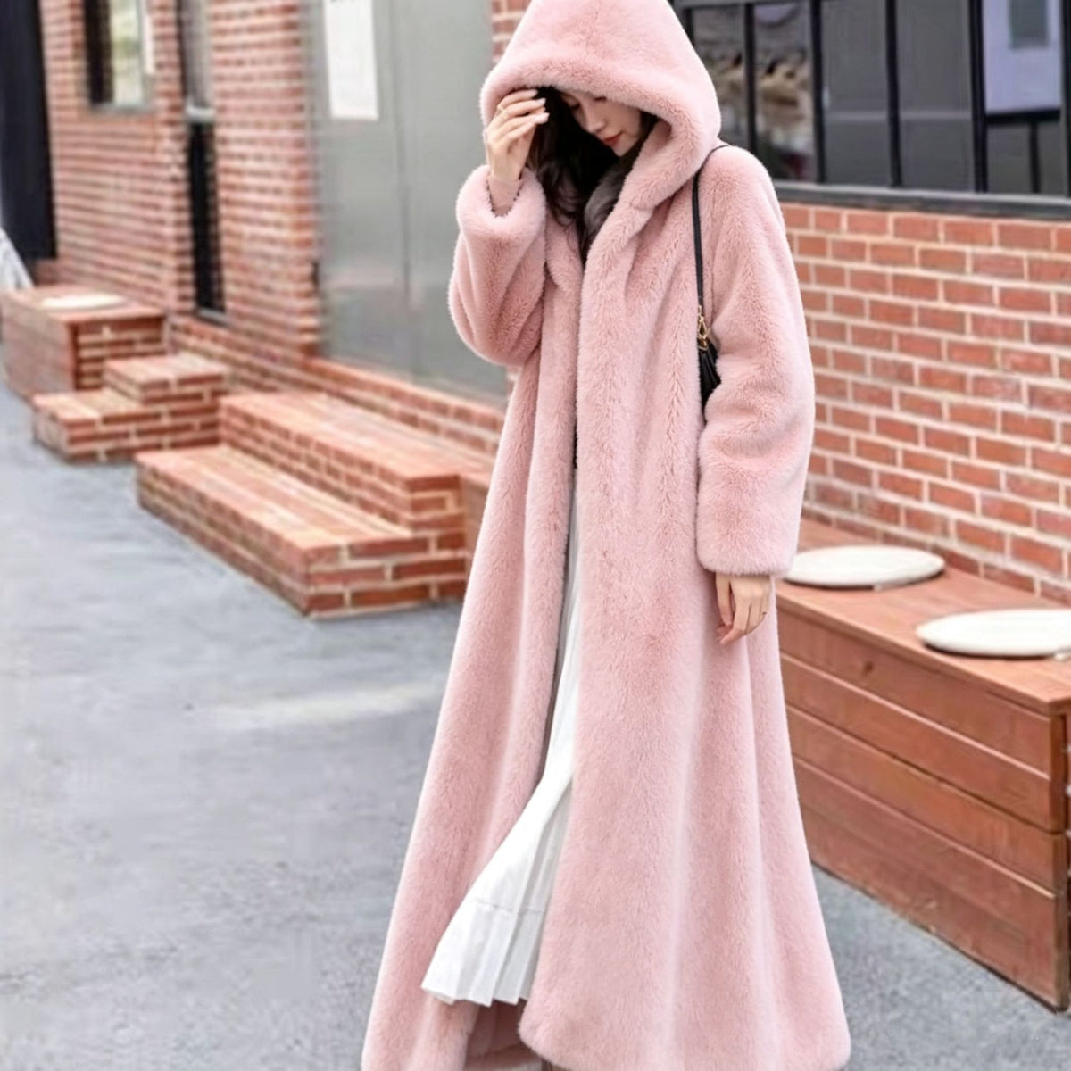 Extra-Long Faux Fur Hooded Coat with Belt for Women