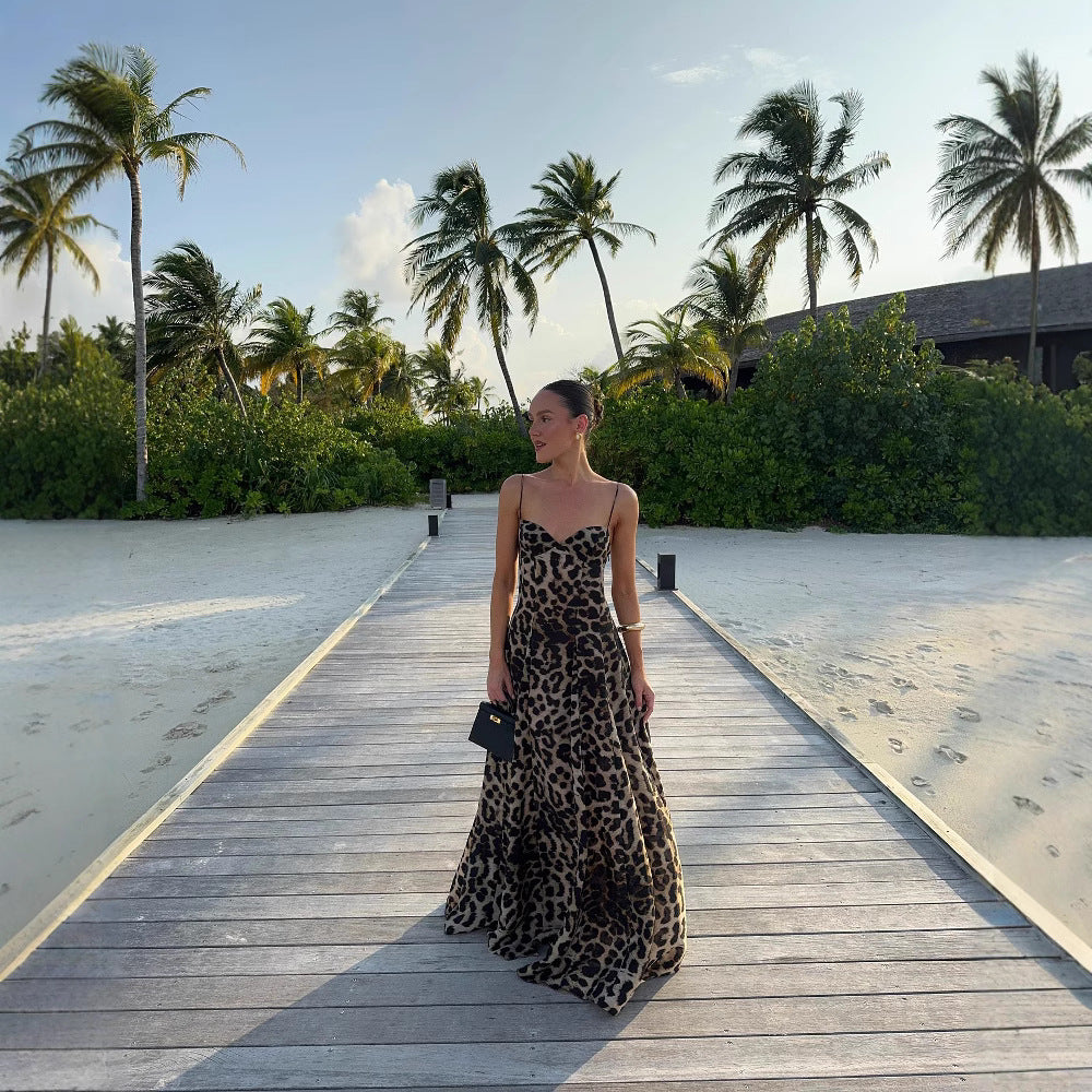 Womens Leopard Print Strap Long Dress