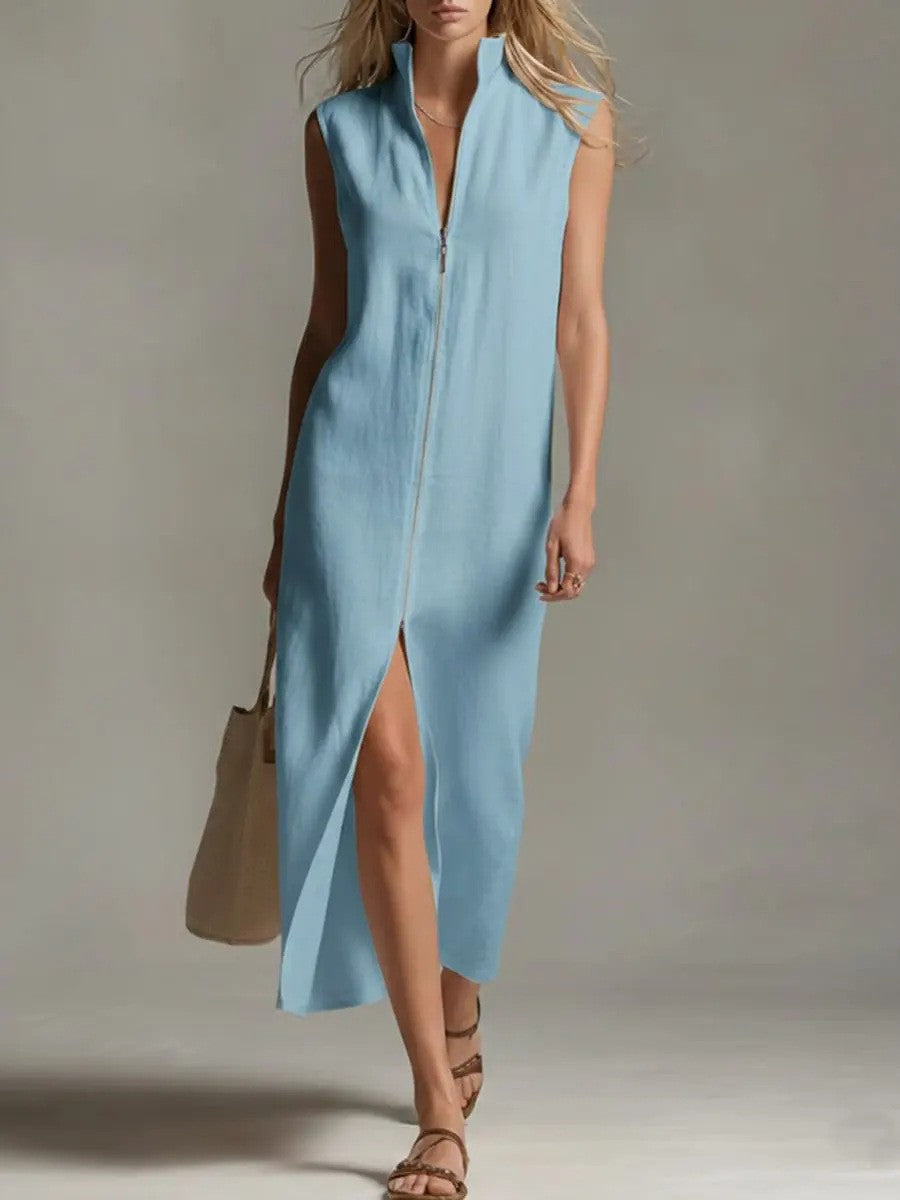 Sleeveless Zip-Up Stand Collar Casual Dress