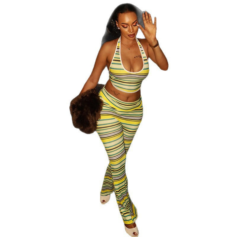 Women's Color-Block Striped Printed Pants Set with Halter Neck Top