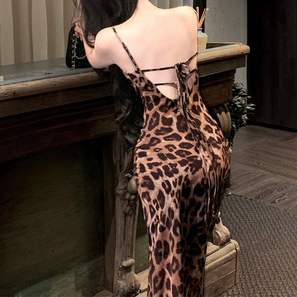 Womens Leopard Print Backless Strappy Maxi Dress