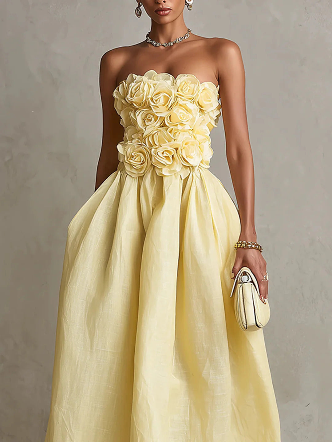 Women's Off-Shoulder Floral Decor High-Waisted A-Line Midi Dress