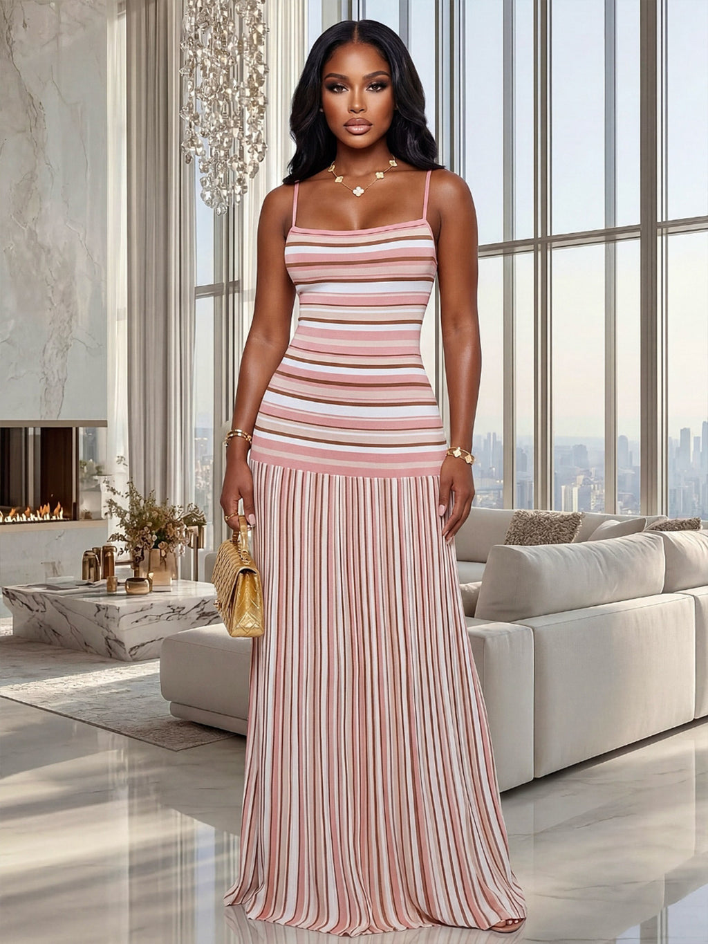 Womens Sling Backless Striped Dress
