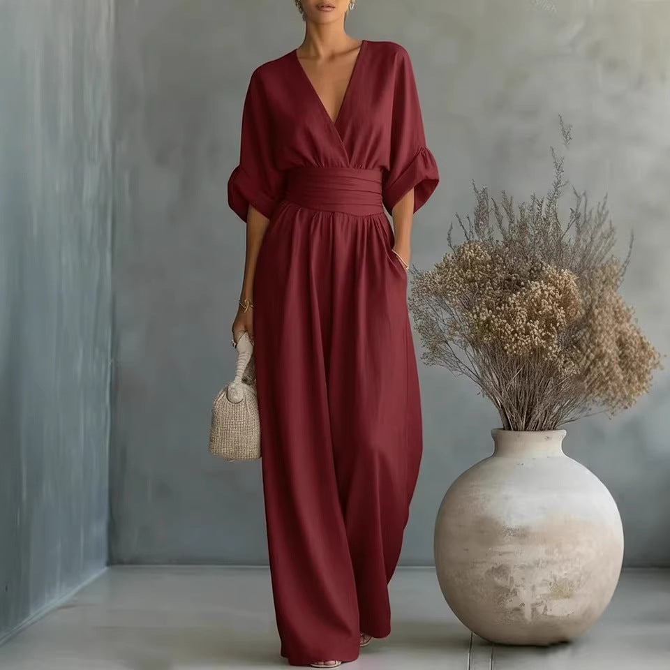 Elegant V Neck Waist Cinching Women Jumpsuit