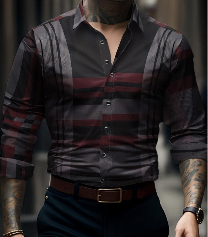 Digital Print Long-Sleeve Men's Slim-Fit Casual Shirt