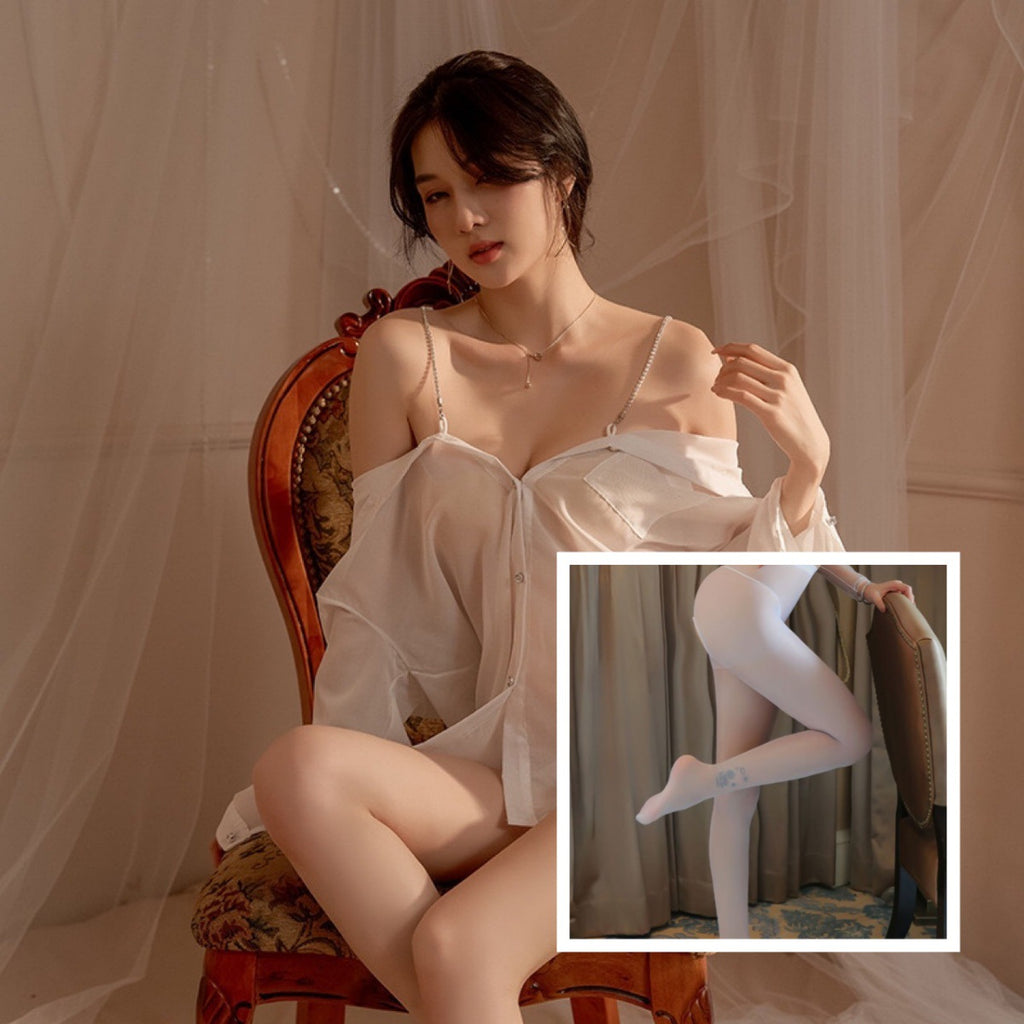 Women's See-Through Shirt Style Suspender Lingerie Dress with T Pants
