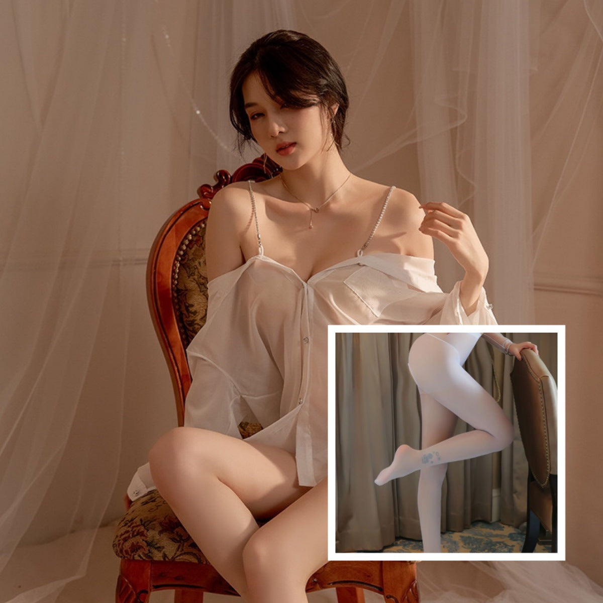 Women's See-Through Shirt Style Suspender Lingerie Dress with T Pants