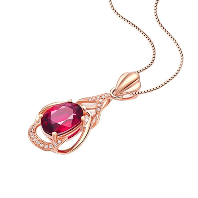 Rose Gold Plated Red Tourmaline Water Drop Gemstone Pendant Necklace with Chain
